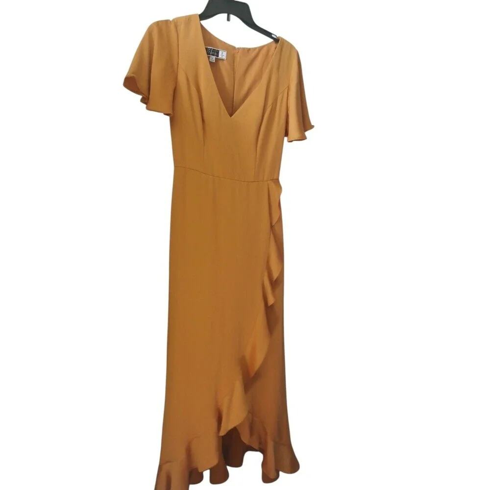 DB Studio Celebrate Mustard Midi Dress Size 4 Ruffle Hem V-Neck Elegant Dress
